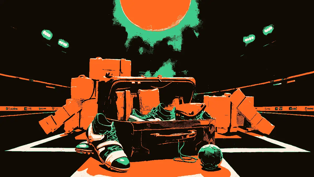 Illustration pour la catégorie transferts : un sac de voyage ouvert rempli de crampons posé dans le tunnel d'un stade, avec une file de petites valises menant vers le terrain, évoquant un départ et un parcours.