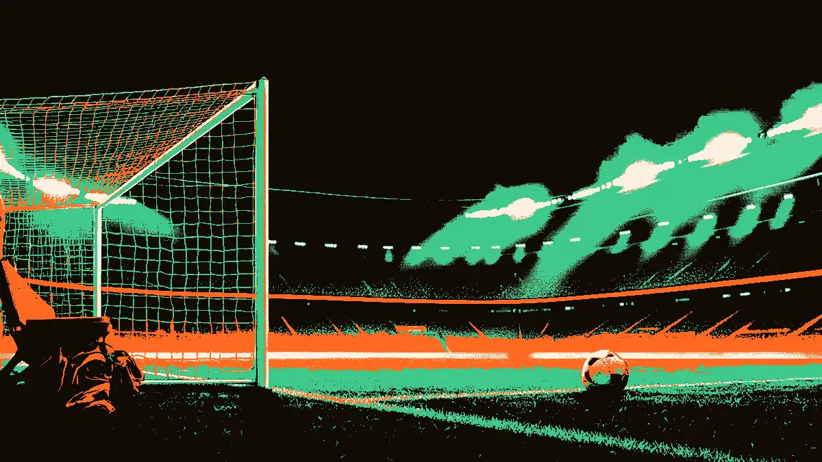 Une scène de football au lever du jour : un but vide au premier plan avec un ballon usé posé contre le poteau, un sac de sport ouvert oublié sur le banc, et des projecteurs encore allumés éclairant des gradins vides dans la brume, évoquant un cycle qui se referme pour laisser pla