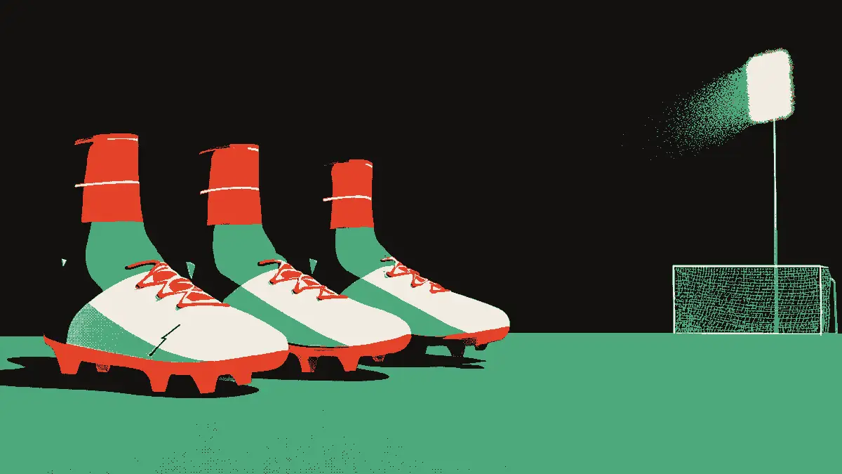 Illustration sportive représentant trois crampons alignés sur un terrain verdoyant, chacun orienté vers un petit filet de but, sous la lumière de projecteurs de stade, symbolisant trois équipes qualifiées.
