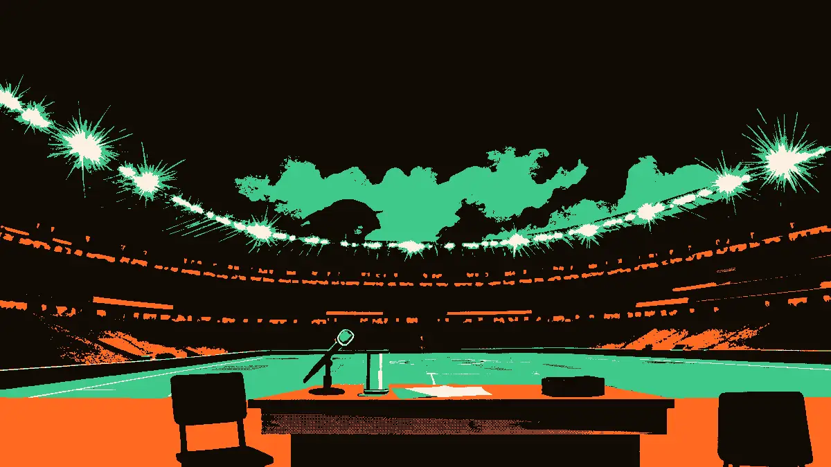 Illustration d'une conférence de presse avec un microphone posé devant un fauteuil vide d'entraîneur, un tunnel de stade et des projecteurs éclairés en arrière-plan au crépuscule.