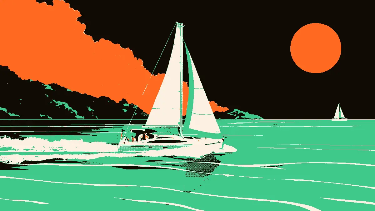 Illustration représentant un voilier de course blanc glissant sur une mer turquoise, avec un second bateau au loin et une côte rocheuse verdoyante en arrière-plan, évoquant un stage nautique en archipel tropical.