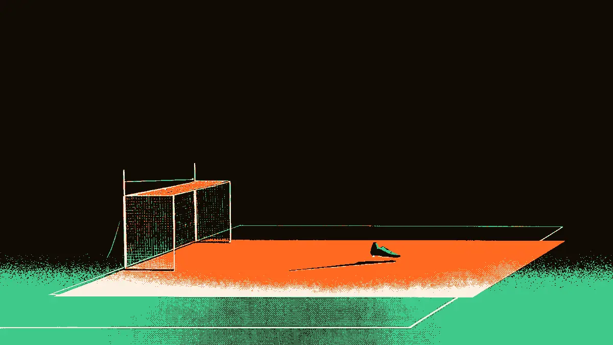 Une chaussure de football isolée face à un but vide sous un projecteur, symbolisant le poids d'être seul numéro neuf.