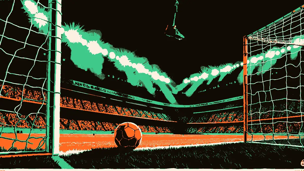 Un crampos sur un ballon de football près d'un filet de but, avec des projecteurs de stade éclairant une pelouse brumeuse et un banc de touche vide au premier plan.