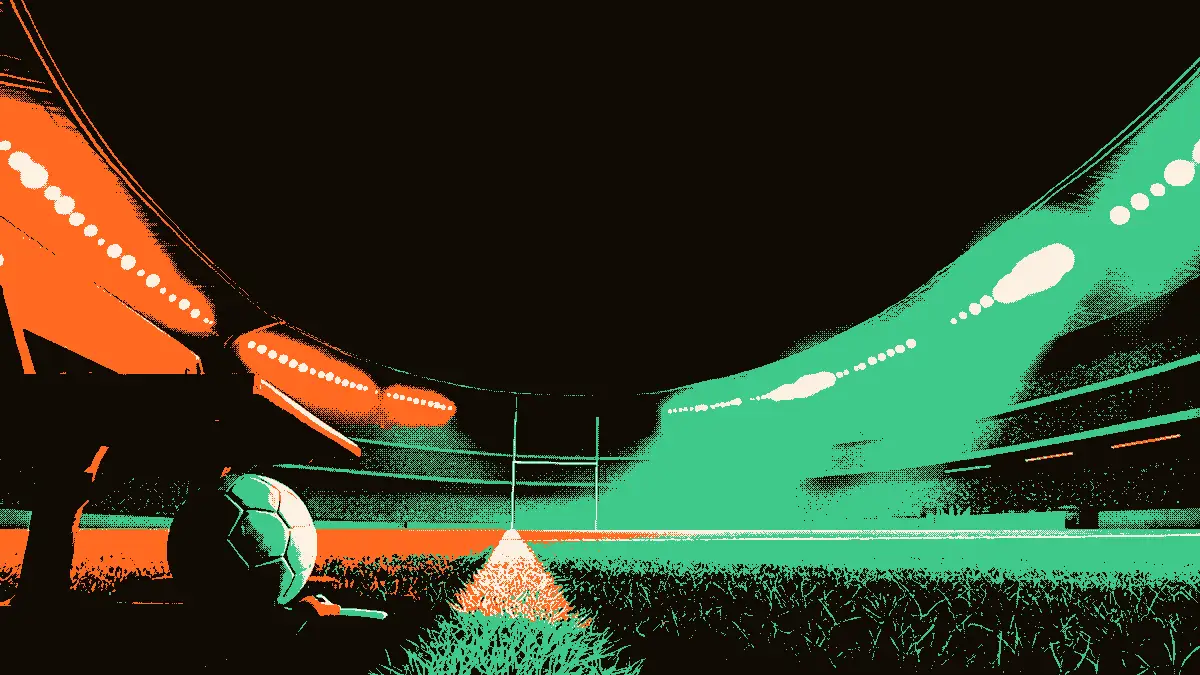 Illustration d'un banc de touche vide au bord d'un terrain de football, avec un ballon et un sifflet au premier plan, des projecteurs et un filet de cage éclairés en arrière-plan, évoquant les débuts d'un nouvel entraîneur en Ligue des champions.