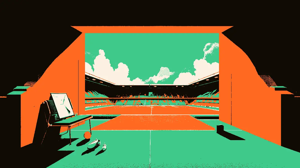 Vue d'un tunnel de stade menant à une pelouse illuminée par des projecteurs, avec un tableau tactique d'entraîneur et un sifflet posés sur un banc au premier plan, accompagnés de crampons et d'un ballon.