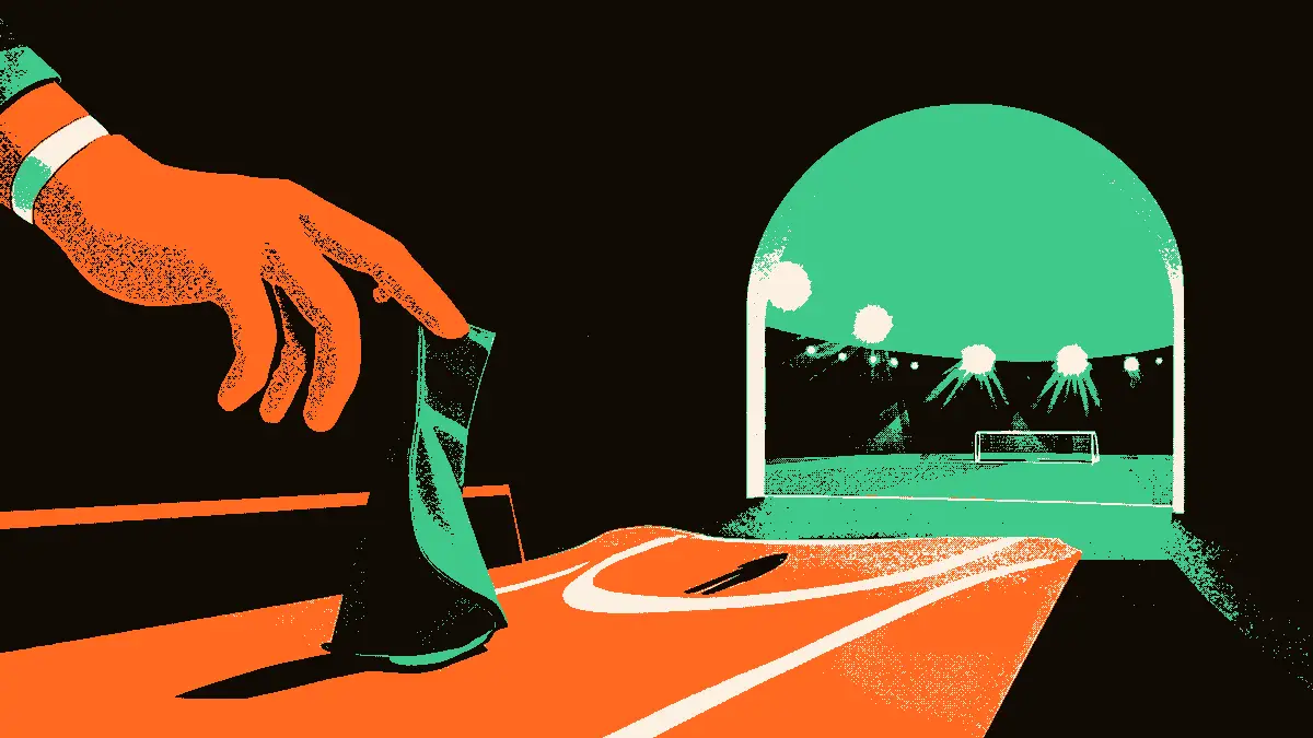 Illustration d'un gant de gardien tendu vers un maillot plié sur un banc de vestiaire, dans un tunnel éclairé par des projecteurs ouvrant sur le terrain, évoquant un choix longtemps repoussé.