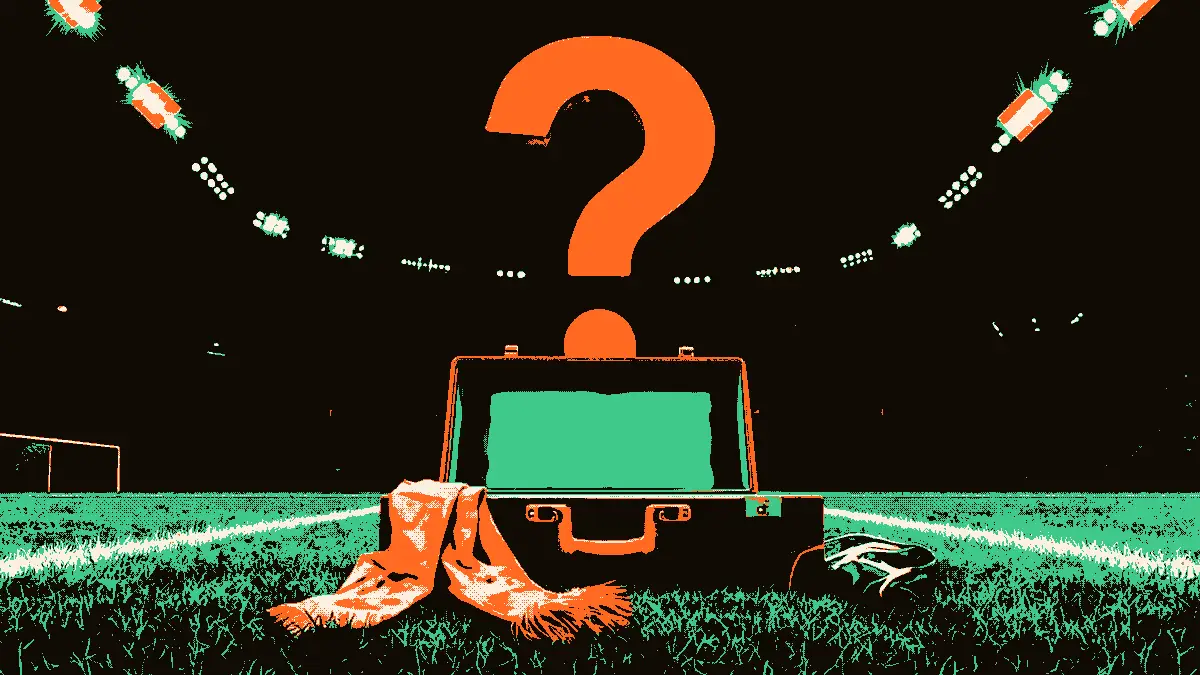 Une valise ouverte posée sur la pelouse d'un stade, avec des crampons et une écharpe pliée à côté, et un grand point d'interrogation lumineux en arrière-plan près du tunnel d'entrée, évoquant un transfert annulé à la dernière minute.